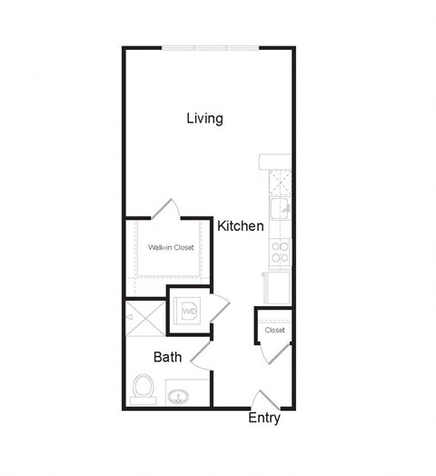 A floor plan of a home with a living room, kitchen, bathroom, and entry.